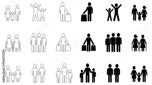 Large set of family and social life icons featuring diverse groups, shopping people, elderly care, and children in line and silhouette styles.