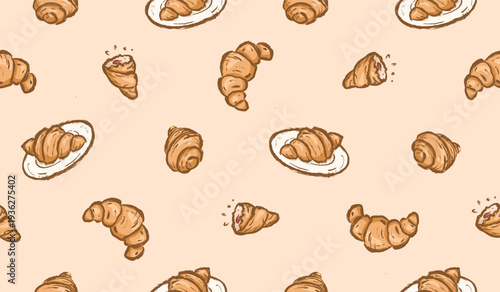 Croissant hand drawn pattern. Croissants background doodle. Scribble of bread illustration seamless pattern for packaging. Sketch style of croissants bakery wallpaper. 