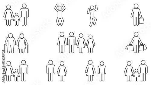Set of family line icons including parents, children, elderly grandparents, and shopping activities.