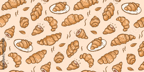 Croissant hand drawn pattern. Croissants background doodle. Scribble of bread illustration seamless pattern for packaging. Sketch style of croissants bakery wallpaper. 