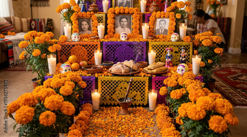 Celebrating dia de los muertos traditional altar home photography cultural setting close-up festive rituals
