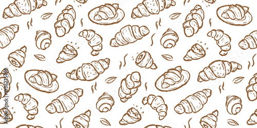 Croissant hand drawn pattern. Croissants background doodle. Scribble of bread illustration seamless pattern for packaging. Sketch style of croissants bakery wallpaper. 