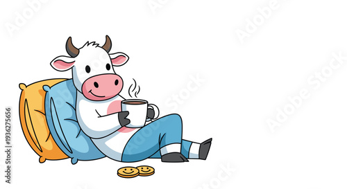Adorable white cow character wearing blue pajamas relaxing on pillows while drinking a hot cup of coffee with smiley cookies.