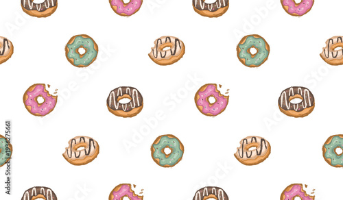 Donut hand drawn pattern. Doughnuts background doodle. Scribble snack illustration seamless pattern for packaging. Sketch style of donut with various topping chocolate, strawberry, vanilla, matcha. 