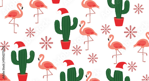 Festive seamless pattern with pink flamingos, green cacti in red pots wearing Santa hats, and red snowflakes for a tropical Christmas.