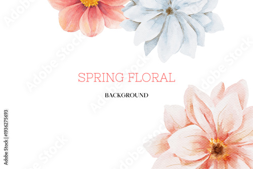 Spring floral in watercolor vector background. Luxury wallpaper design with pink flowers, line art, golden texture.
