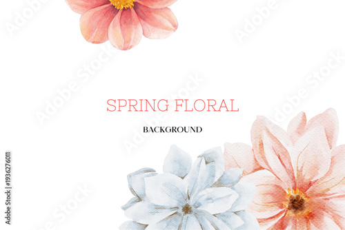 Spring floral in watercolor vector background. Luxury wallpaper design with pink flowers, line art, golden texture.
