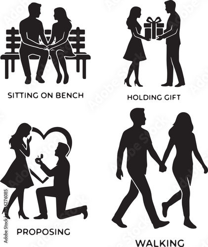 Romantic couple silhouettes in various loving moments