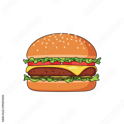 Delicious Hamburger with Fresh Lettuce Tomato Cheese and Beef Patties on a Sesame Seed Bun
