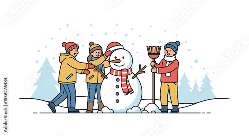 Group of three happy children working together to build a large snowman in a snowy winter landscape with pine trees.