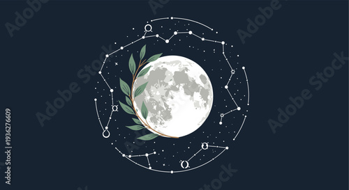 Mystical illustration of a realistic full moon surrounded by delicate constellations and a green leafy branch on a dark background.