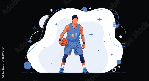 Confident basketball player in a blue jersey with number one holding a basketball against a stylized white and blue background.