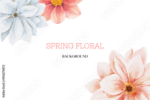 Spring floral in watercolor vector background. Luxury wallpaper design with pink flowers, line art, golden texture.
