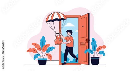 Innovative delivery concept showing a man stepping out of a door to deliver packages attached to a red and white parachute.