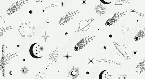 Mystical seamless pattern featuring stars, crescent moons, planets, comets, and geometric symbols in black and white line art style.
