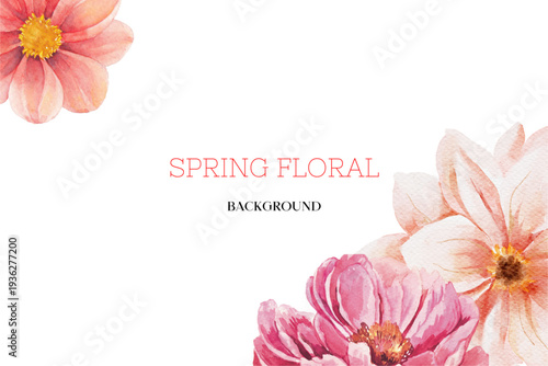 Spring floral in watercolor vector background. Luxury wallpaper design with pink flowers, line art, golden texture.
