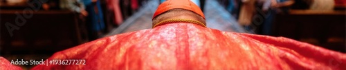 Catholic cardinal praying in cathedral during religious ceremony with ornate red vestments and gold embroidery, cinematic church interior background for liturgy