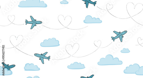 Seamless pattern with blue airplanes flying through fluffy clouds and leaving heart shaped smoke trails on white background.