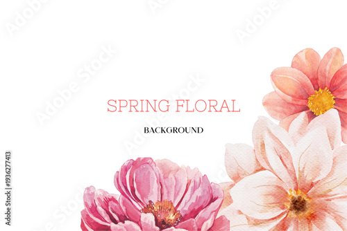 Spring floral in watercolor vector background. Luxury wallpaper design with pink flowers, line art, golden texture.

