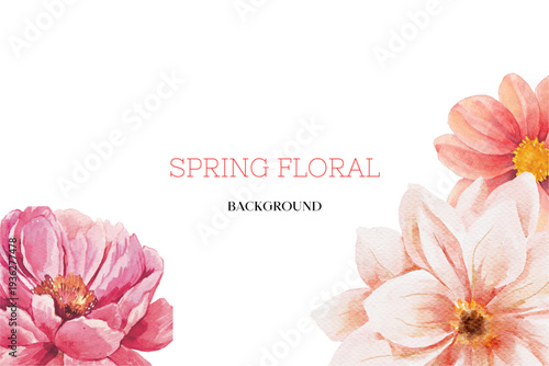Spring floral in watercolor vector background. Luxury wallpaper design with pink flowers, line art, golden texture.
