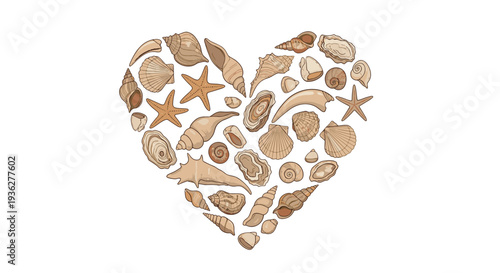 Heart shape composed of various types of hand drawn seashells and starfish in beige and brown tones on white background.