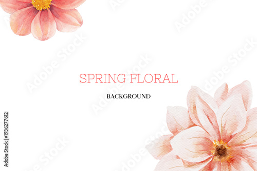 Spring floral in watercolor vector background. Luxury wallpaper design with pink flowers, line art, golden texture.
