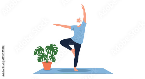 Elderly man with white beard practicing yoga in a tree pose on a blue mat next to a green potted monstera plant.