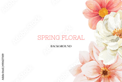 Spring floral in watercolor vector background. Luxury wallpaper design with pink flowers, line art, golden texture.
