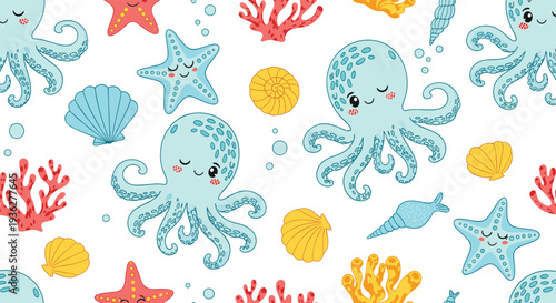 Seamless pattern with cute blue octopuses, coral, starfish, and shells underwater on a clean white background.