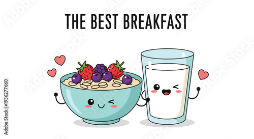 Cute breakfast characters of a bowl of cereal with berries and a glass of milk holding hands under the best breakfast text.