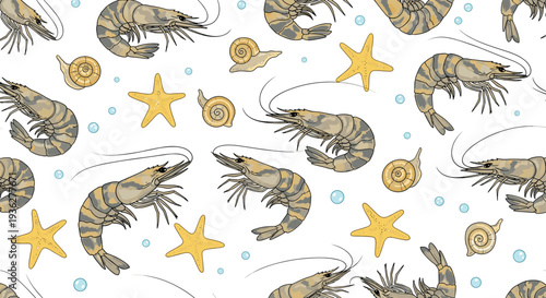 Seamless pattern featuring realistic shrimp, starfish, and snail shells among light blue bubbles on a white background.