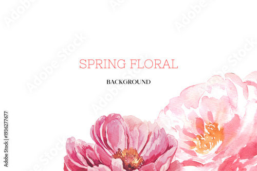 Spring floral in watercolor vector background. Luxury wallpaper design with pink flowers, line art, golden texture.

