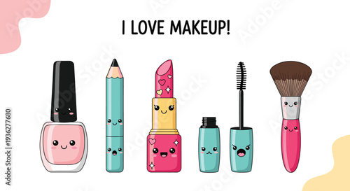 Collection of cute makeup product characters with smiling faces including nail polish, lipstick, mascara, and brush.