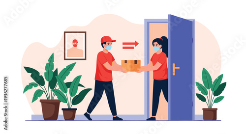 Courier in a red uniform and protective mask delivering a cardboard box to a woman at her doorstep with indoor plants.