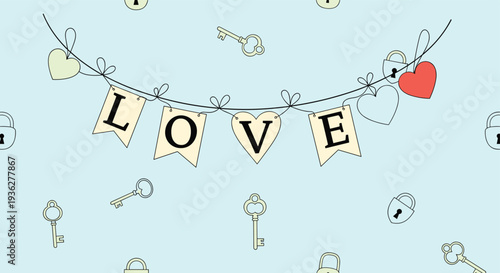 Seamless pattern with decorative love letter flags on a string, keys, and heart shaped locks on a light blue background.
