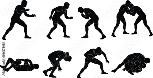 Martial arts grappling wrestling silhouettes with clinch, takedown, ground fighting positions, combat sports training vector illustration design collection