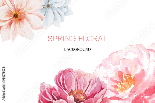 Spring floral in watercolor vector background. Luxury wallpaper design with pink flowers, line art, golden texture.
