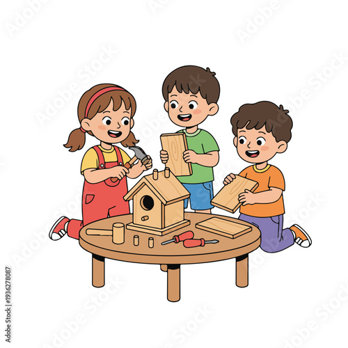 Three happy children are collaboratively building a wooden birdhouse on a small table, using a hammer and screwdrivers.