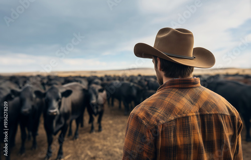Young rancher wearing a cowboy hat and plaid shirt, observing large herd of cattle