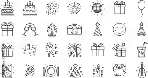 Party Celebration Line Icons Set with Cake Gift Balloons Music Fireworks and Festive Event Symbols Editable Vector Collection