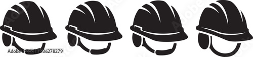 Black silhouette set of four construction worker helmet icons on a white background, minimal outline