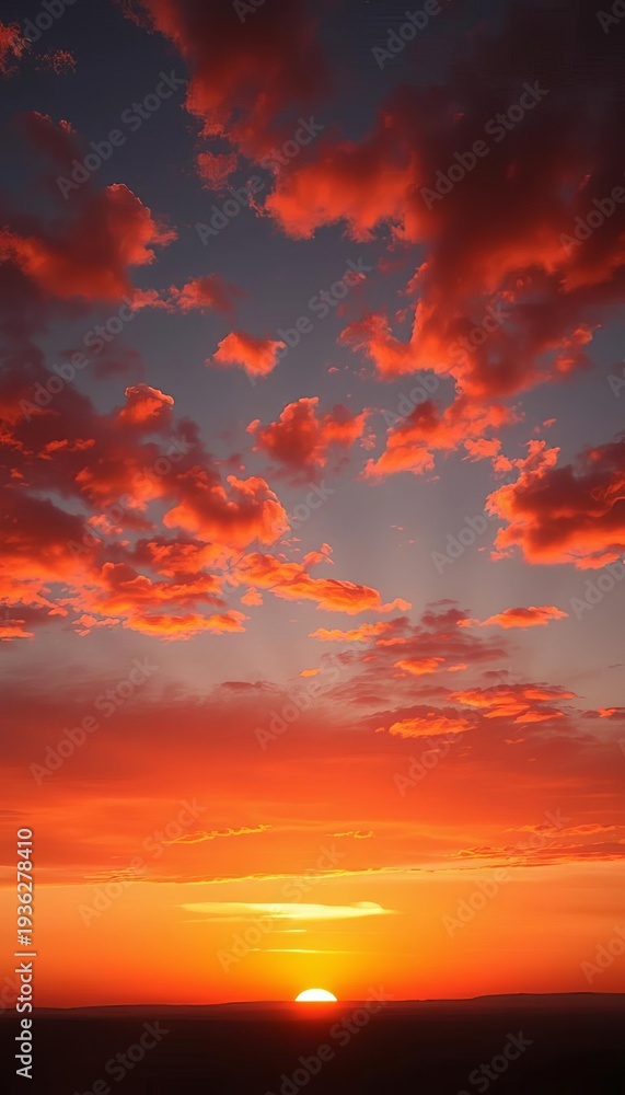 Fototapeta premium Fiery sky bleeds hues of orange and crimson as the sun dips below the horizon, casting long shadows , landscape, tranquil