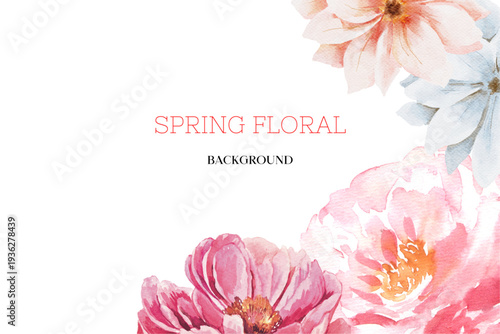 Spring floral in watercolor vector background. Luxury wallpaper design with pink flowers, line art, golden texture.
