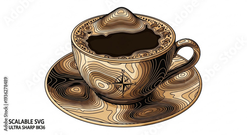 Wood grain coffee cup and saucer with lid brown and beige tones empty on white background scalable vector graphic