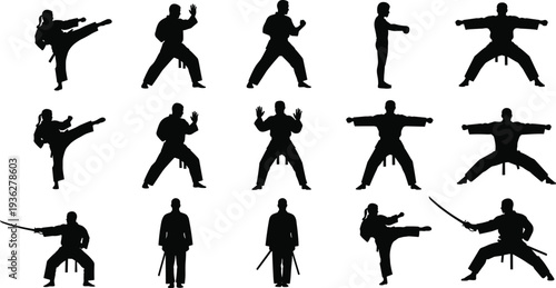 Martial arts silhouettes diverse poses, dynamic stances vector illustration, weapon techniques design elements, modern lifestyle artistic combat profiles