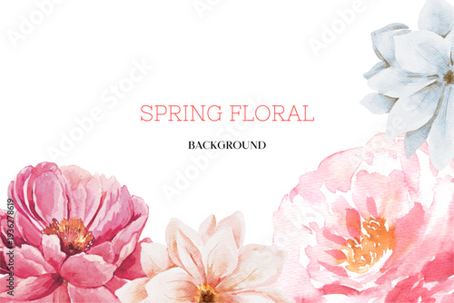 Spring floral in watercolor vector background. Luxury wallpaper design with pink flowers, line art, golden texture.
