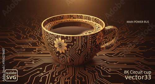 Golden circuit board coffee cup with floral design on dark background with copper wiring