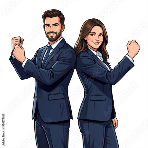 Professional couple confidently presenting their business success with enthusiasm