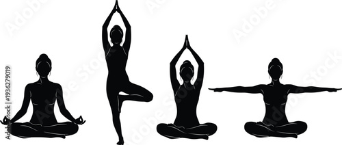 Yoga poses silhouettes vector illustration with meditation, tree pose, prayer position, mindfulness practice, balance exercise, spiritual art design
