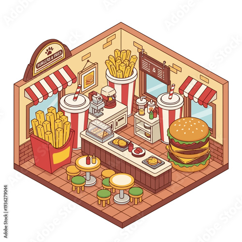 Isometric Fast Food Restaurant with Burgers and Fries.